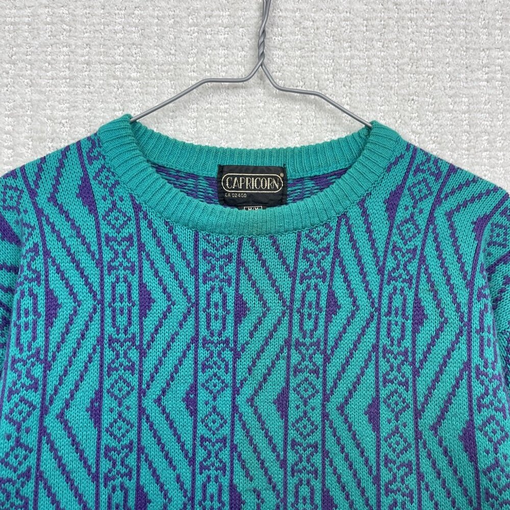VTG Capricorn Crewneck Knit Grandpa Sweater Men Sz M Psychedelic's Geometric AOP - Picture 2 of 15